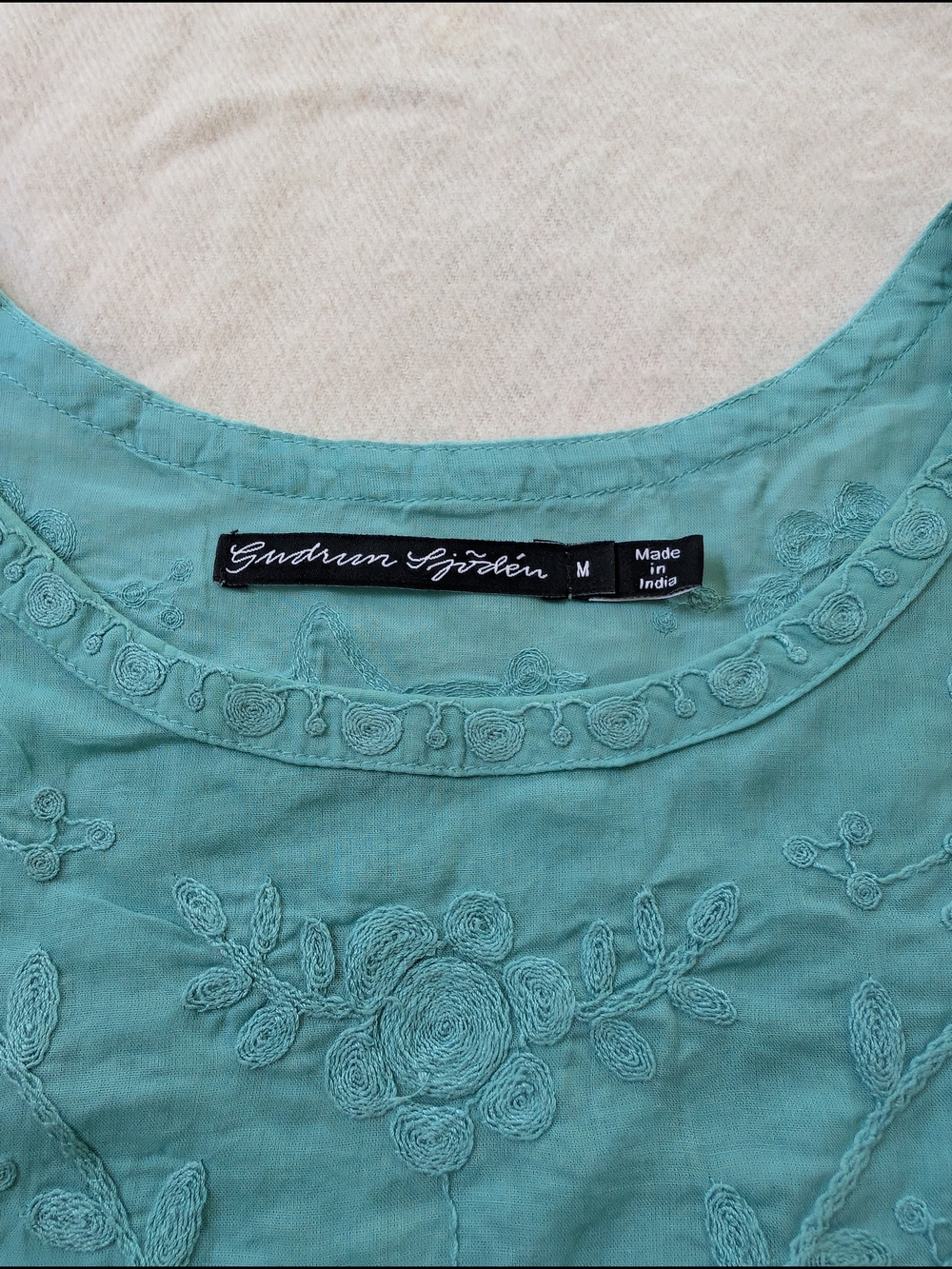 100% Cotton Gudrun Sjoden Tissu Tank Top Embroidered Gathered Jade M - Picture 2 of 8